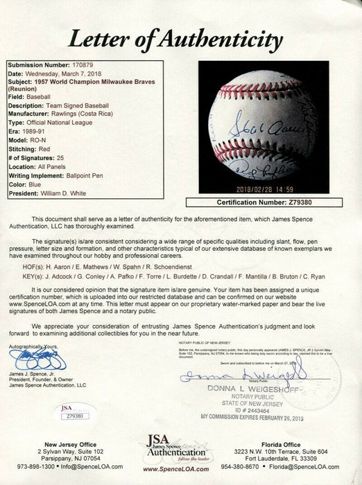 Beautiful 1957 Milwaukee Braves World Series Champs Team Signed Baseball PSA DNA