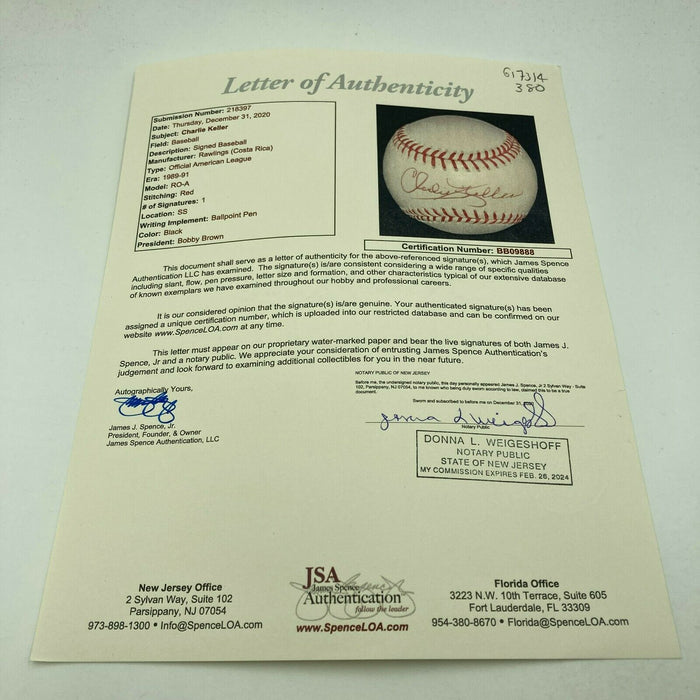Charlie Keller Single Signed Official American League Baseball With JSA COA