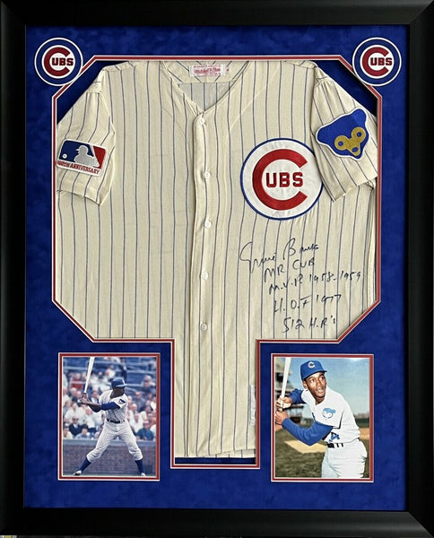 Beautiful Ernie Banks Signed Heavily Inscribed STATS Chicago Cubs Jersey Framed