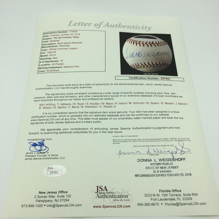 All Century Team Signed Baseball Ted Williams Aaron Willie Mays Sandy Koufax JSA