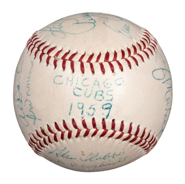 1959 Chicago Cubs Team Signed NL Baseball Rogers Hornsby & Ernie Banks JSA COA