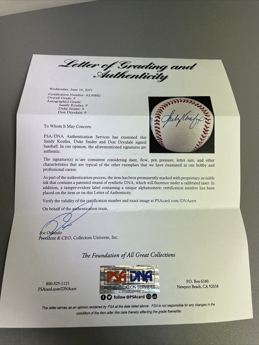 Sandy Koufax Don Drysdale Duke Snider Signed Baseball PSA DNA COA Graded MINT 9