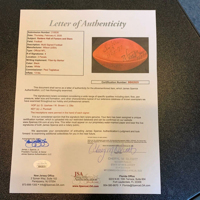 Jim Otto Jim Plunkett Willie Brown Gene Upshaw Raiders Signed Football JSA COA