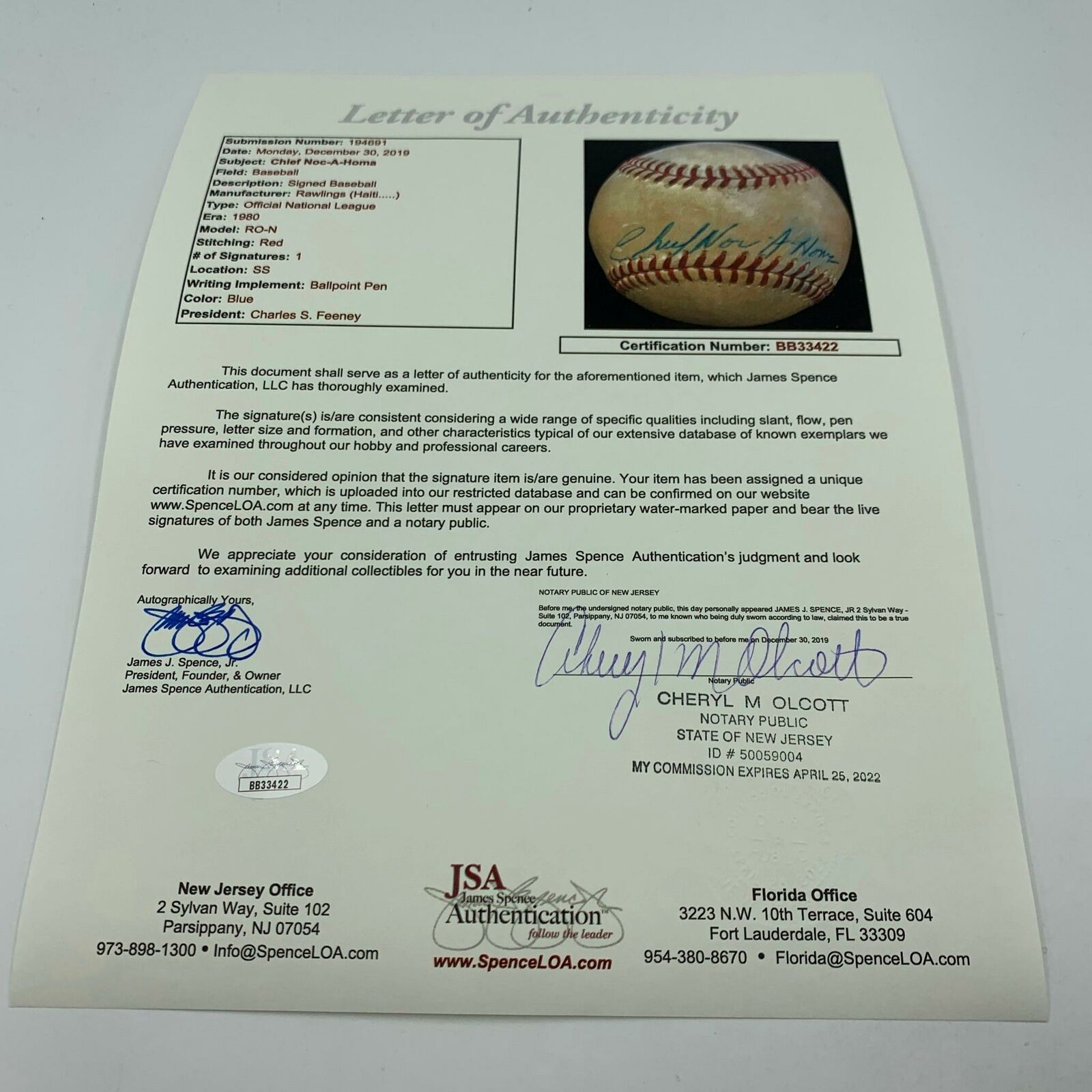 Rare Chief Noc-A-Homa Single Signed NL Baseball Atlanta Braves With JS —  Showpieces Sports