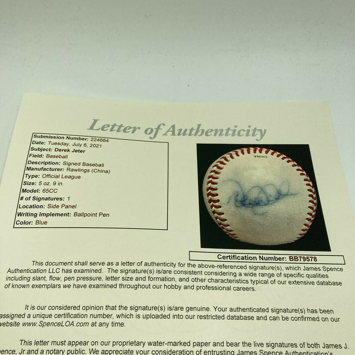 Derek Jeter Signed Autographed Official League Baseball With JSA COA