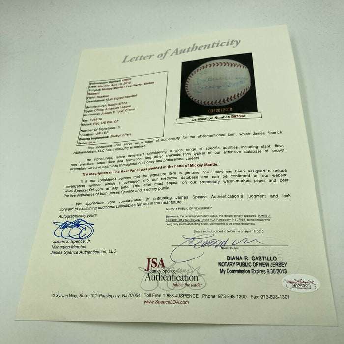 Beautiful 1960's Mickey Mantle Elston Howard Signed AL Cronin Baseball JSA COA