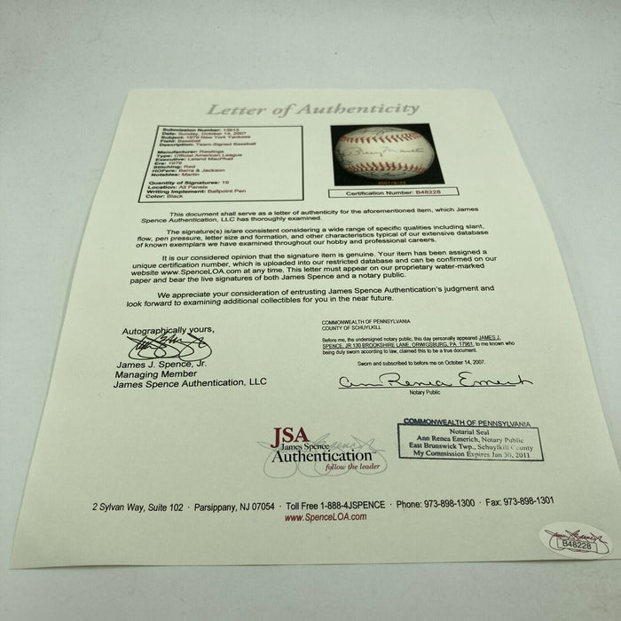 Beautiful 1979 New York Yankees Team Signed American League Baseball JSA COA