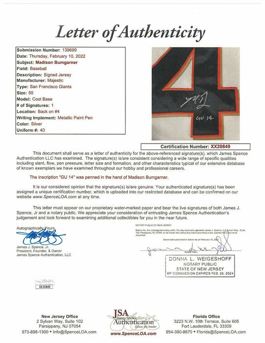 2014 Postseason Game Used & Autographed Jersey (Size 50) - NLCS Game 1 @  St. Louis Cardinals - Used, Autographed, and Inscribed by 2014 NLCS & WORLD  SERIES MVP #40 Madison Bumgarner - LAST #40 POSTSEASON JERSEY IN STOCK!