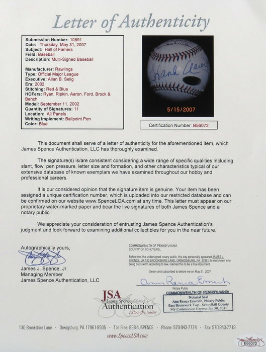 Beautiful Hank Aaron Stan Musial Tom Seaver HOF Multi Signed 9/11 Baseball JSA