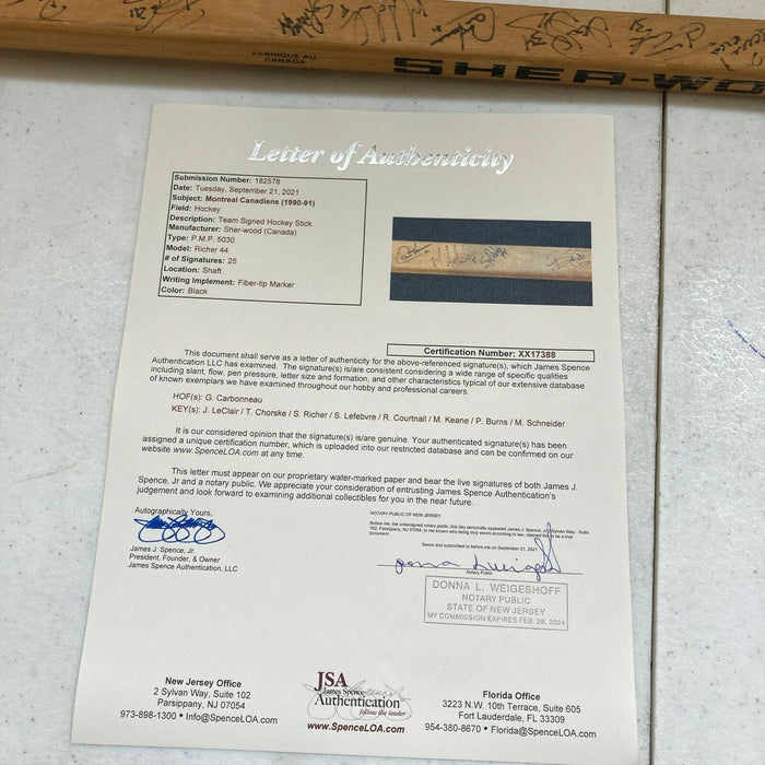 1990-91 Montreal Canadiens Team Signed Hockey Stick 25 Sigs With JSA COA