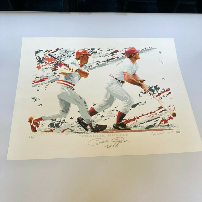 Pete Rose Signed 17x22 4256 Hits Lithograph Poster Photo With JSA COA