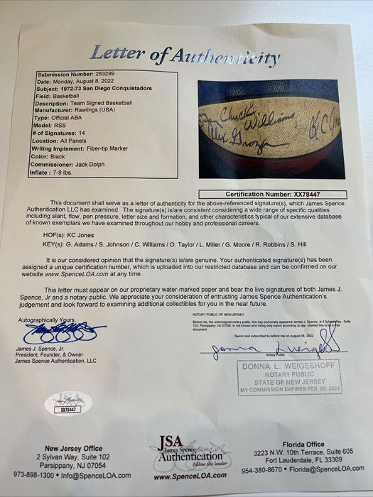 1972-73 San Diego Conquistadors Team Signed Official ABA Game Basketball JSA COA