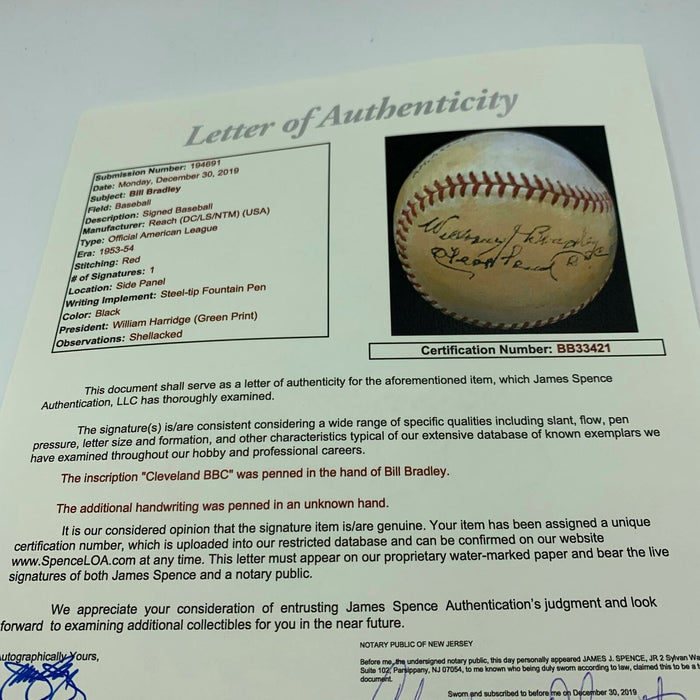 Williams Bill Bradley Single Signed American League Baseball Only One Known JSA