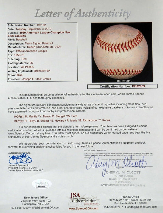 1960 Yankees AL Champs Team Signed Baseball Mickey Mantle & Roger Maris JSA COA