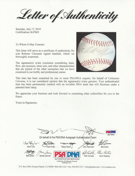 Roberto Clemente Single Signed Autographed Baseball PSA DNA COA