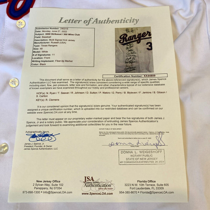 300 Win 3000 Strikeout Signed Jersey Nolan Ryan Tom Seaver Randy Johnson JSA COA