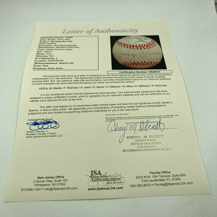 Mickey Mantle Ted Williams Willie Mays 500 Home Run Club Signed Baseball JSA COA