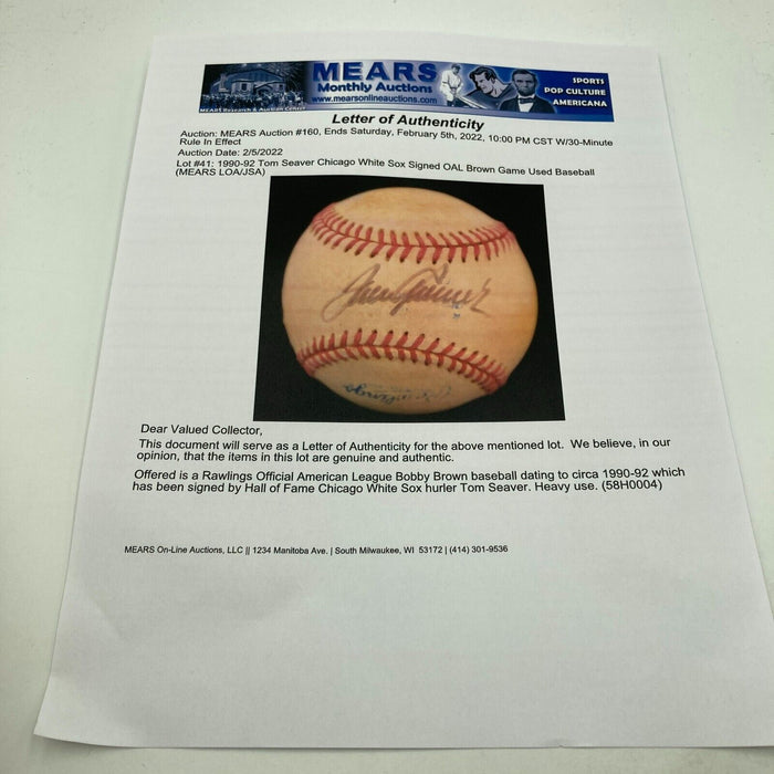 Tom Seaver Signed 1990 Game Used American League Baseball JSA & MEARS COA