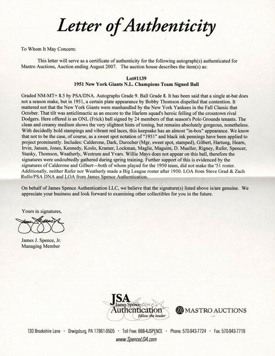 1951 New York Giants Team Signed Baseball PSA DNA Autograph Grade MINT 9