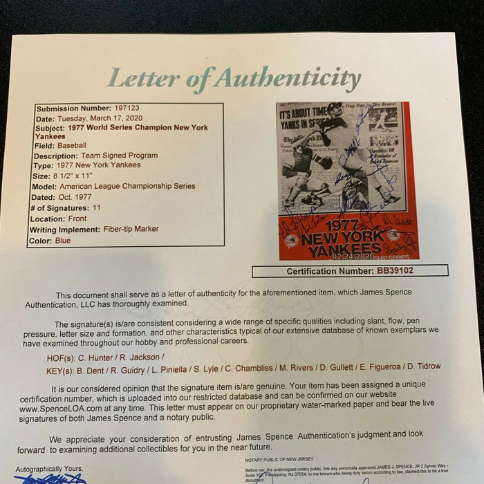 1977 New York Yankees World Series Champs Team Signed ALCS Program JSA COA