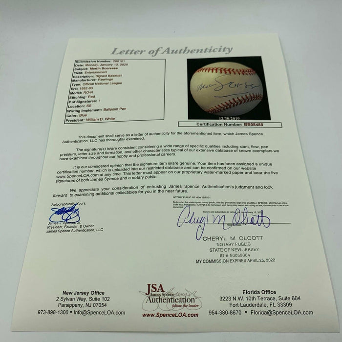 Martin Scorsese Single Signed National League Baseball With JSA COA RARE