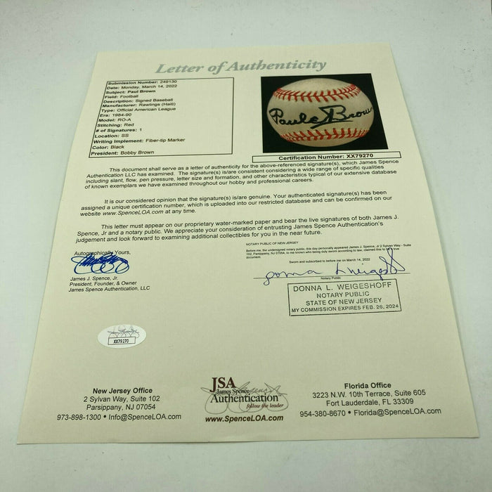 Paul Brown Single Signed Baseball Cleveland Browns Coach Dec 1991 JSA COA