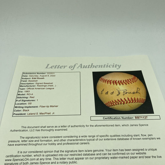 Edd Roush Single Signed Vintage American League Baseball JSA COA