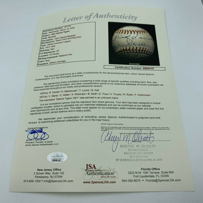 Beautiful 1951 Detroit Tigers Team Signed Baseball 29 Sigs With JSA COA