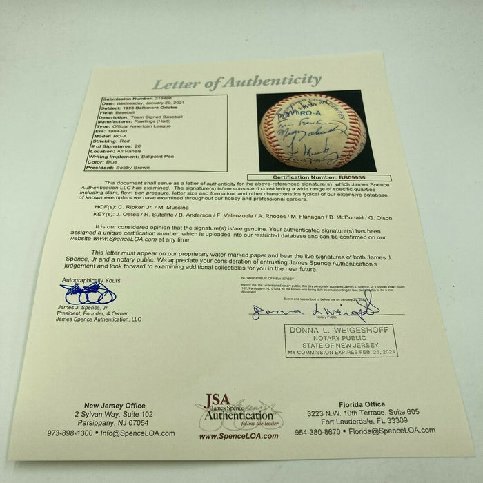 1993 Baltimore Orioles Team Signed Baseball Cal Ripken Jr. Mike Mussina JSA COA