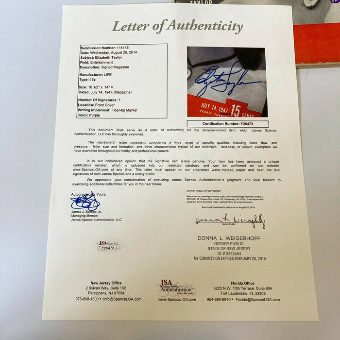 Elizabeth Taylor Signed Autographed 1947 Life Magazine With JSA COA