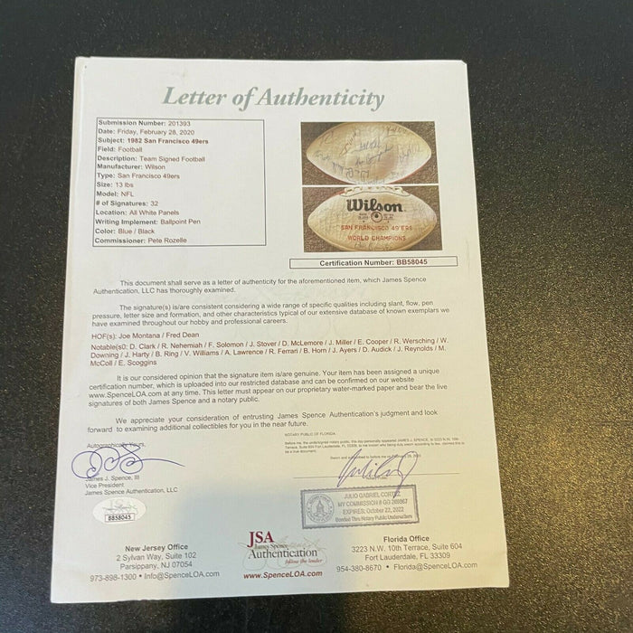 1982 San Francisco 49ers Team Signed Super Bowl Champions Football JSA COA