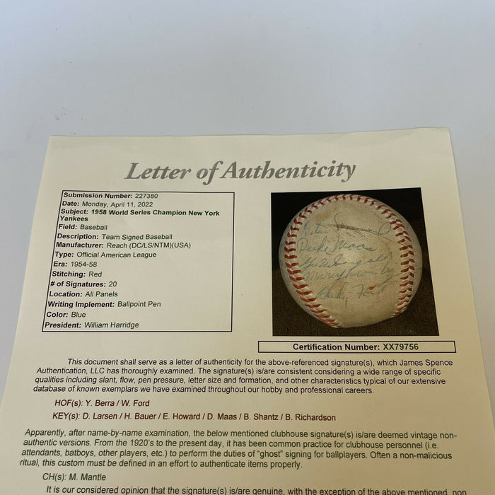 1958 New York Yankees World Series Champs Team Signed Baseball JSA COA