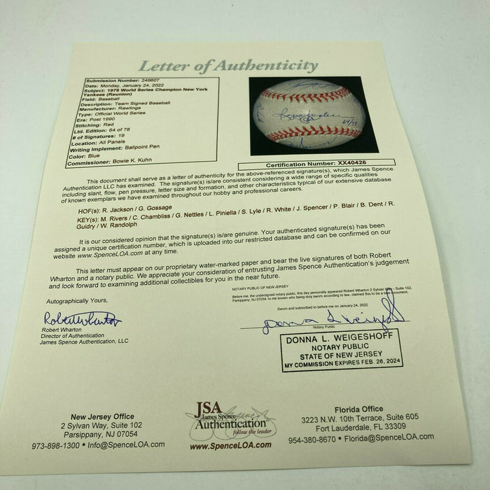 1978 New York Yankees World Series Champs Team Signed W.S. Baseball JSA COA