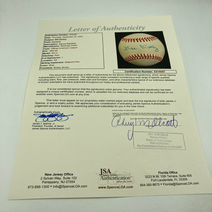 Bill Dickey Signed Official American League Baseball JSA COA