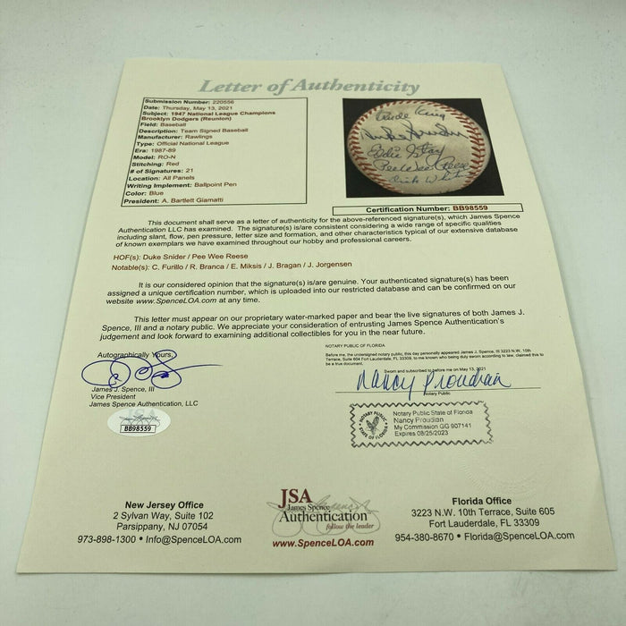 1947 Brooklyn Dodgers National League Champs Team Signed Baseball JSA COA