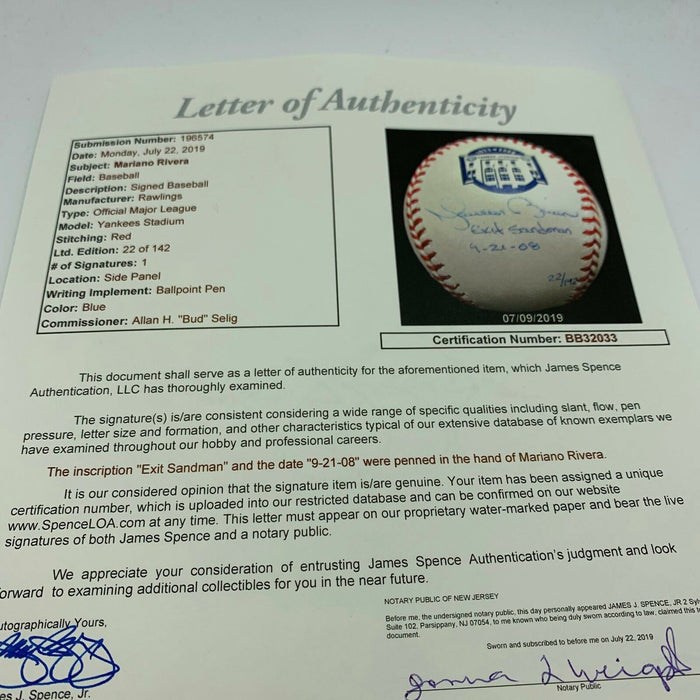 Mariano Rivera Exit Sandman 2008 Final Save Yankee Stadium Signed Baseball JSA