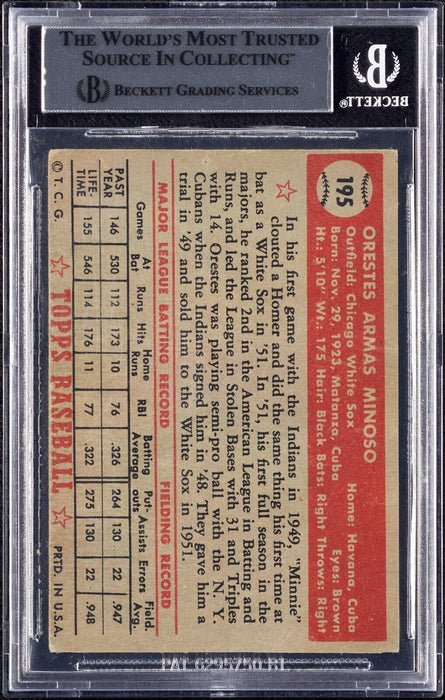Minnie Minoso Signed 1952 Topps RC #195 BGS Beckett Certified Auto Hall Of Fame