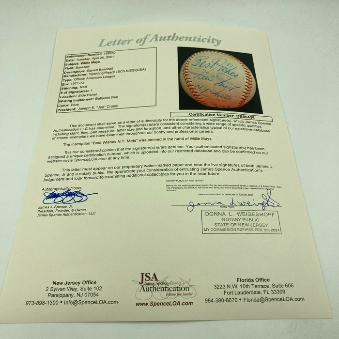 Stunning Willie Mays Playing Days Signed 1972 American League Baseball JSA COA
