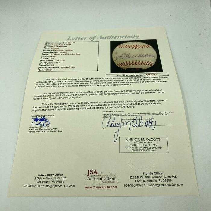 Ted Williams Signed Photo Baseball With JSA COA