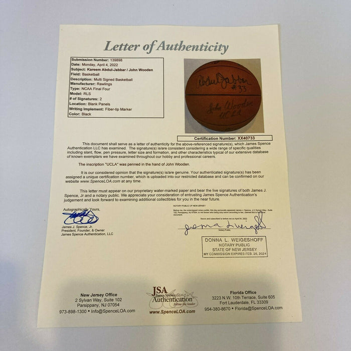 Kareem Abdul-Jabbar & John Wooden UCLA Signed NCAA Basketball JSA COA