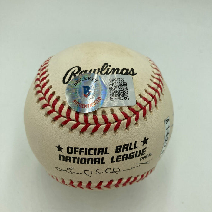 Steve Carlton Signed Heavily Inscribed STAT National League Baseball Beckett