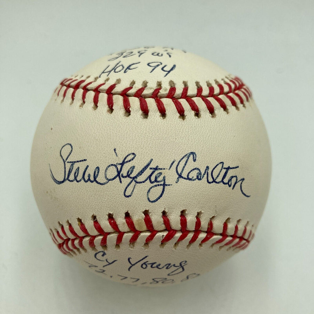 Steve Carlton Signed Heavily Inscribed STAT National League Baseball Beckett