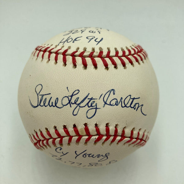 Steve Carlton Signed Heavily Inscribed STAT National League Baseball Beckett