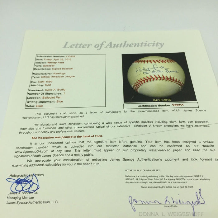 Rare Whitey Ford "Chairman Of The Board" Signed Inscribed Baseball JSA COA