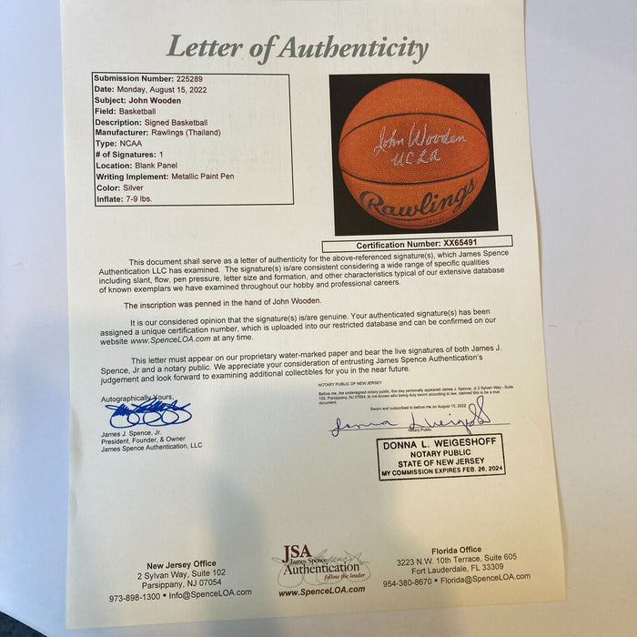 John Wooden "UCLA" Signed Rawlings NCAA Basketball JSA COA
