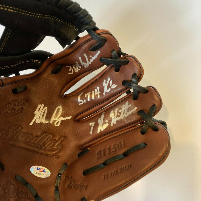 Nolan Ryan 7 No Hitters Signed Heavily Inscribed STATS Baseball Glove PSA DNA