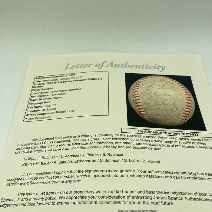1966 Baltimore Orioles World Series Champs Team Signed Baseball JSA COA