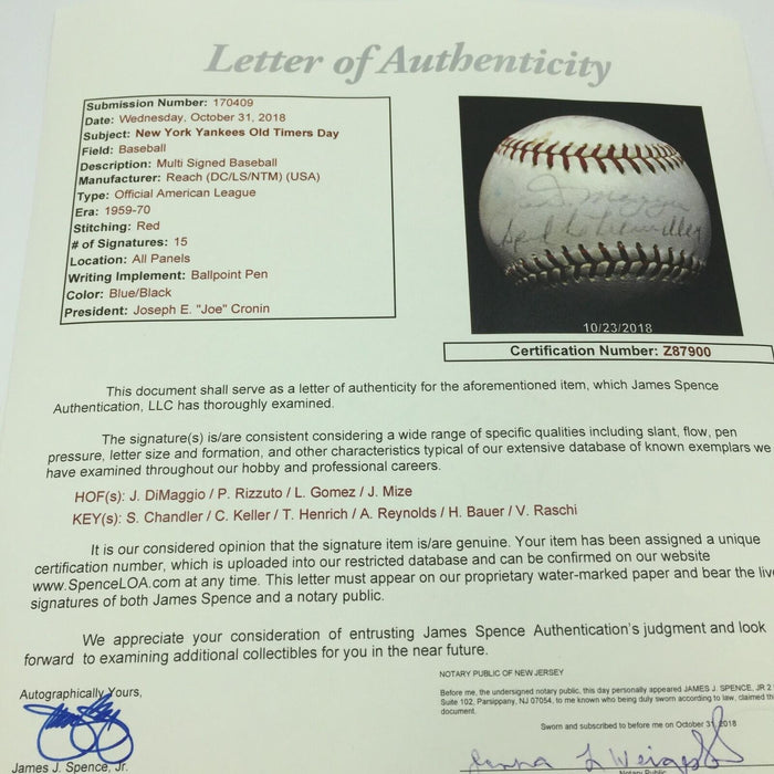 Joe Dimaggio 1960's Yankees Old Timers Day Multi Signed Baseball JSA COA