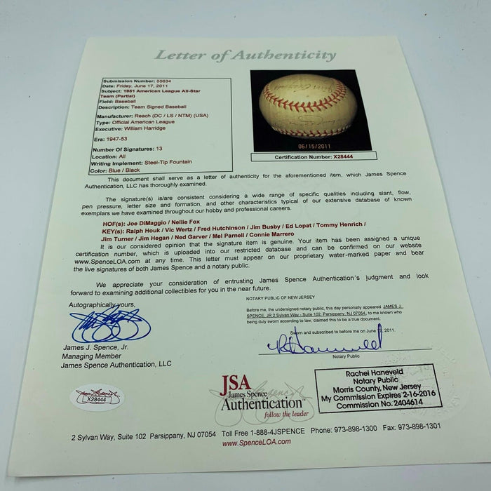 1951 All Star Game Team Signed Baseball Joe Dimaggio & Nellie Fox With JSA COA