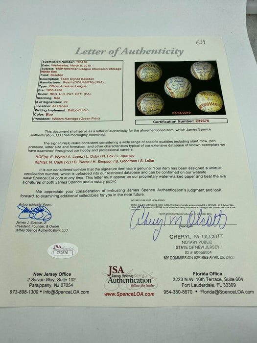 Beautiful 1959 Chicago White Sox AL Champs Team Signed Baseball JSA COA